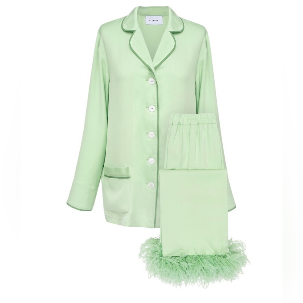 Green Sleeper brand pajamas with feathers